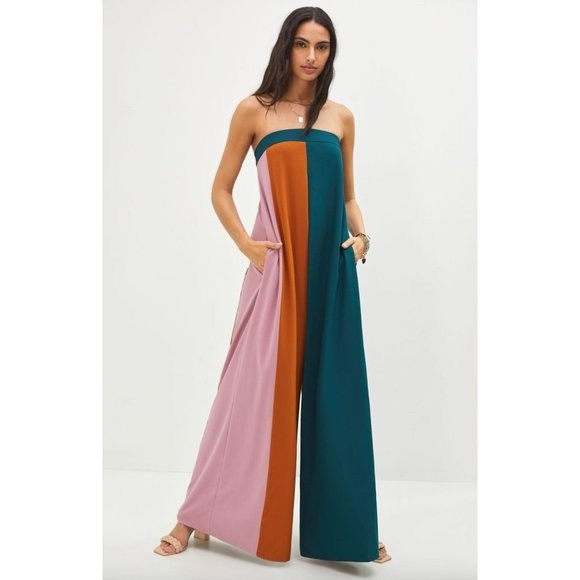 NEW Anthropologie Hutch Strapless Colorblock Wide Leg Strapless Jumpsuit - Picture 3 of 8